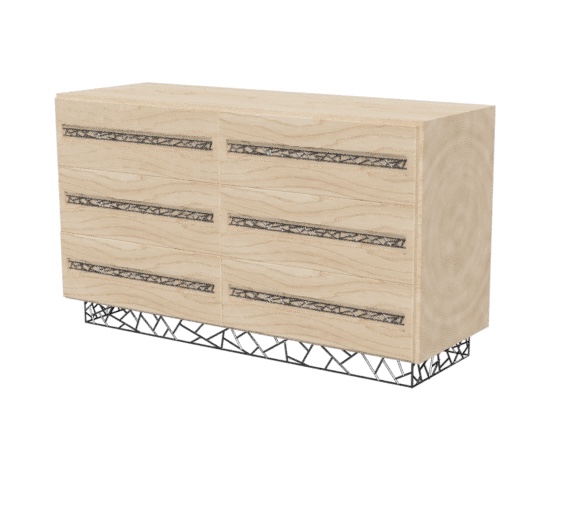 CAD concept render of an arachno dresser with lattice plinth and brazing-detail drawer pulls