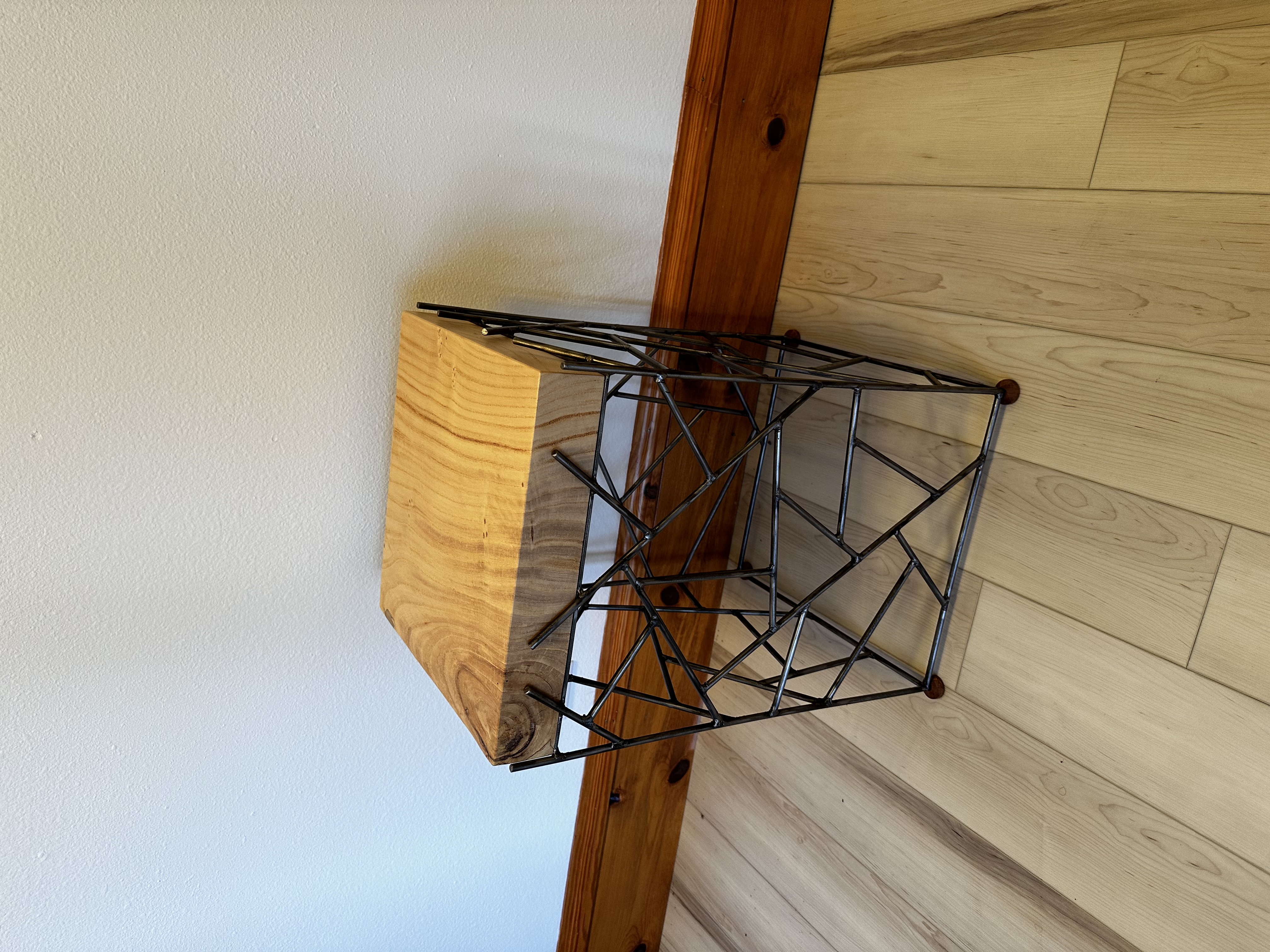 Arachno side table with ash slab top on brazed steel lattice base