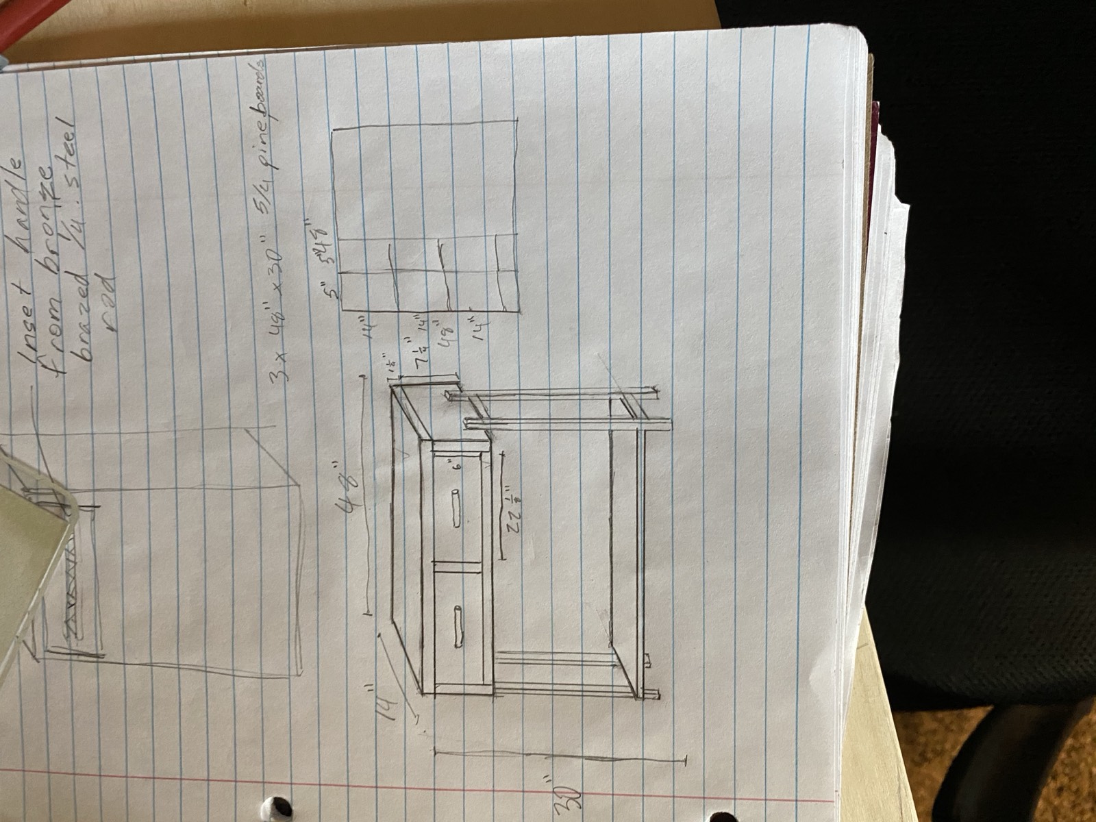 Initial design sketch on notebook paper with dimensions