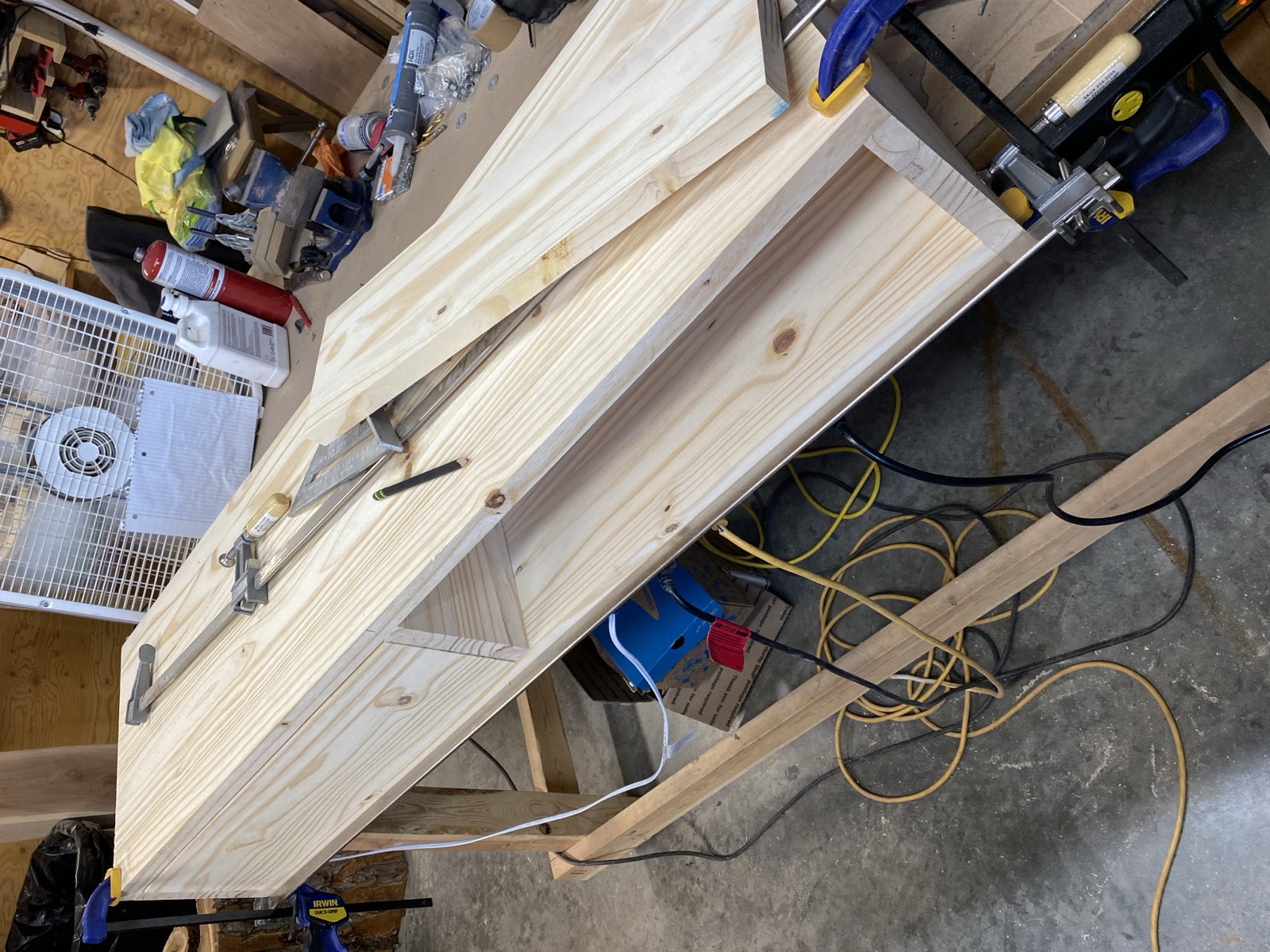 Unfinished wood carcass and drawer box in the workshop