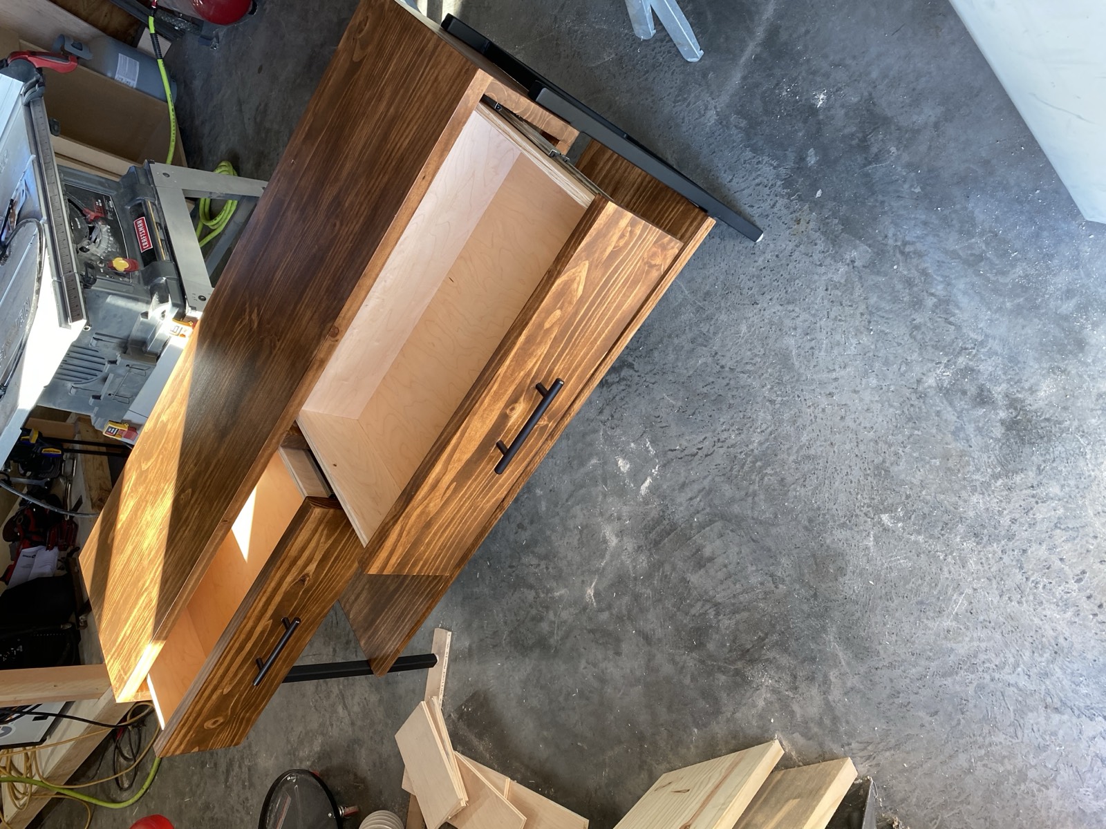 Front view with drawer open showing construction and hardware