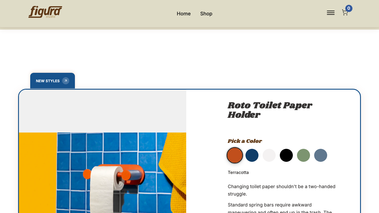 Screenshot of Figura Studio product detail page for the Roto toilet paper holder