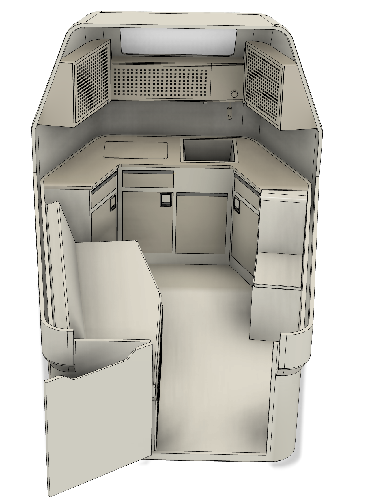 Wide interior screenshot of the Lightship Mikros concept camper showing the entry, fold-out couch area, and kitchen layout
