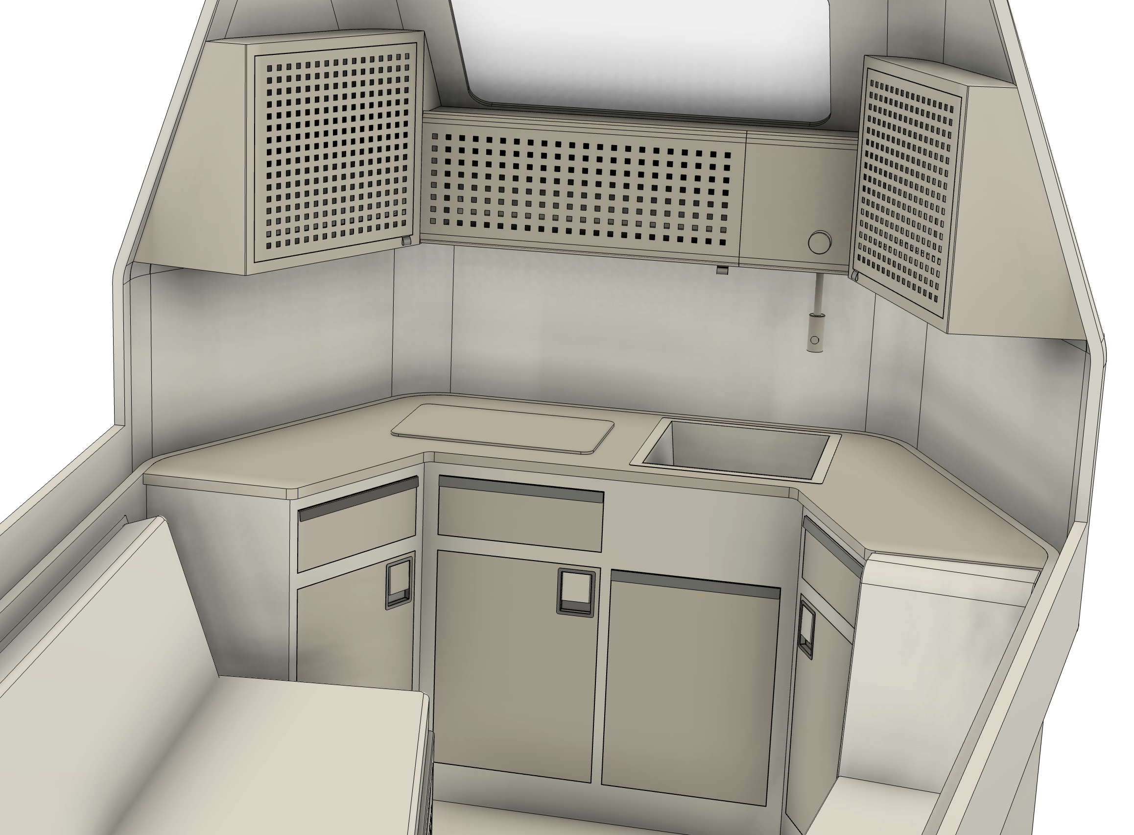 Interior screenshot focused on the kitchen counter, sink, and overhead storage in the Lightship Mikros concept camper