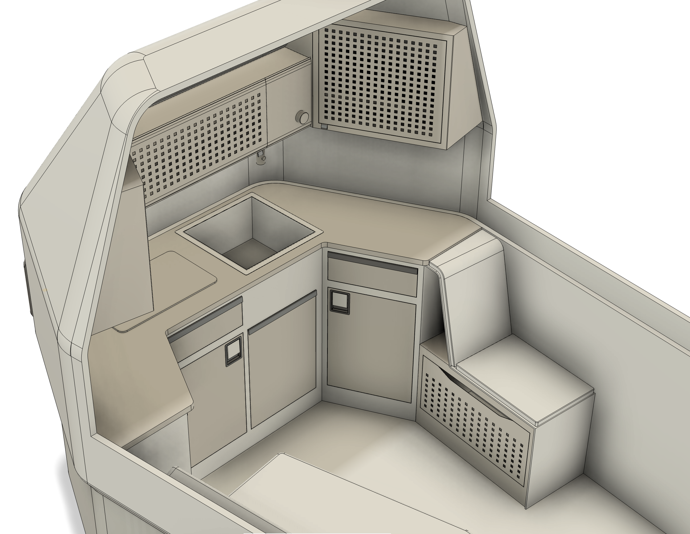 Interior screenshot from above showing the countertop, sink, and bench storage arrangement in the Lightship Mikros concept camper