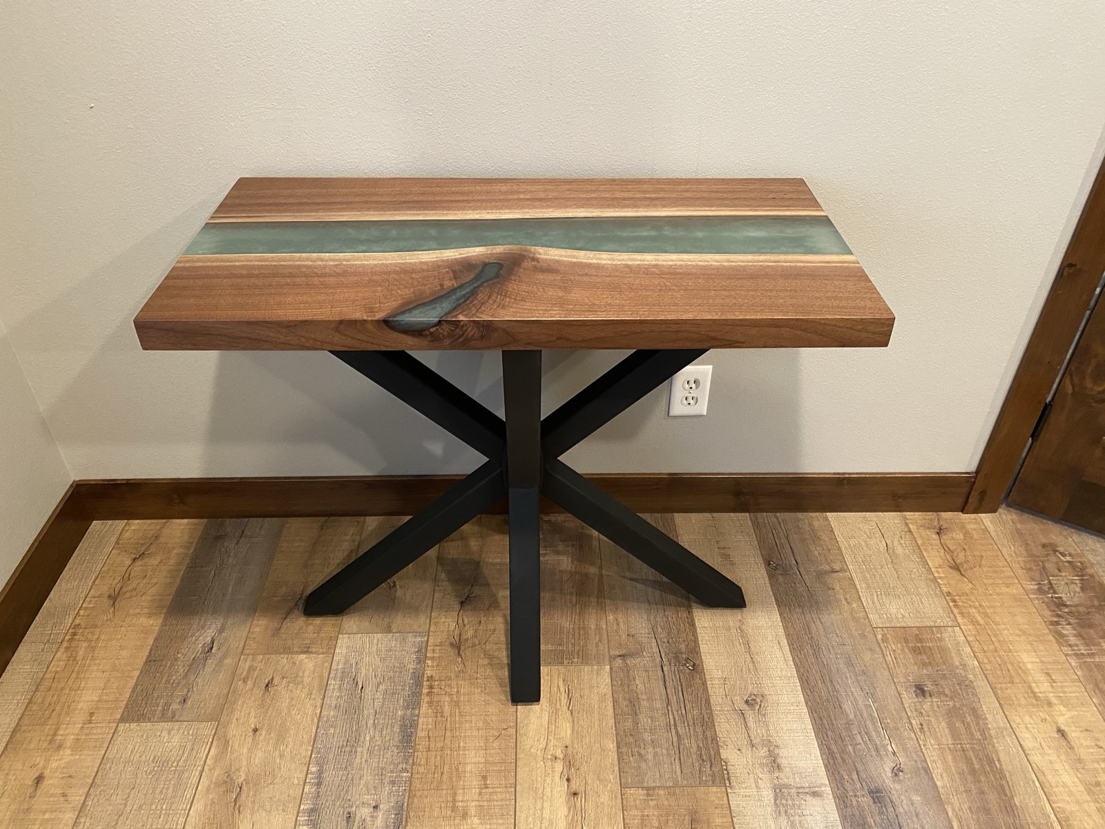 Matching side table with walnut and green epoxy river top on X-base