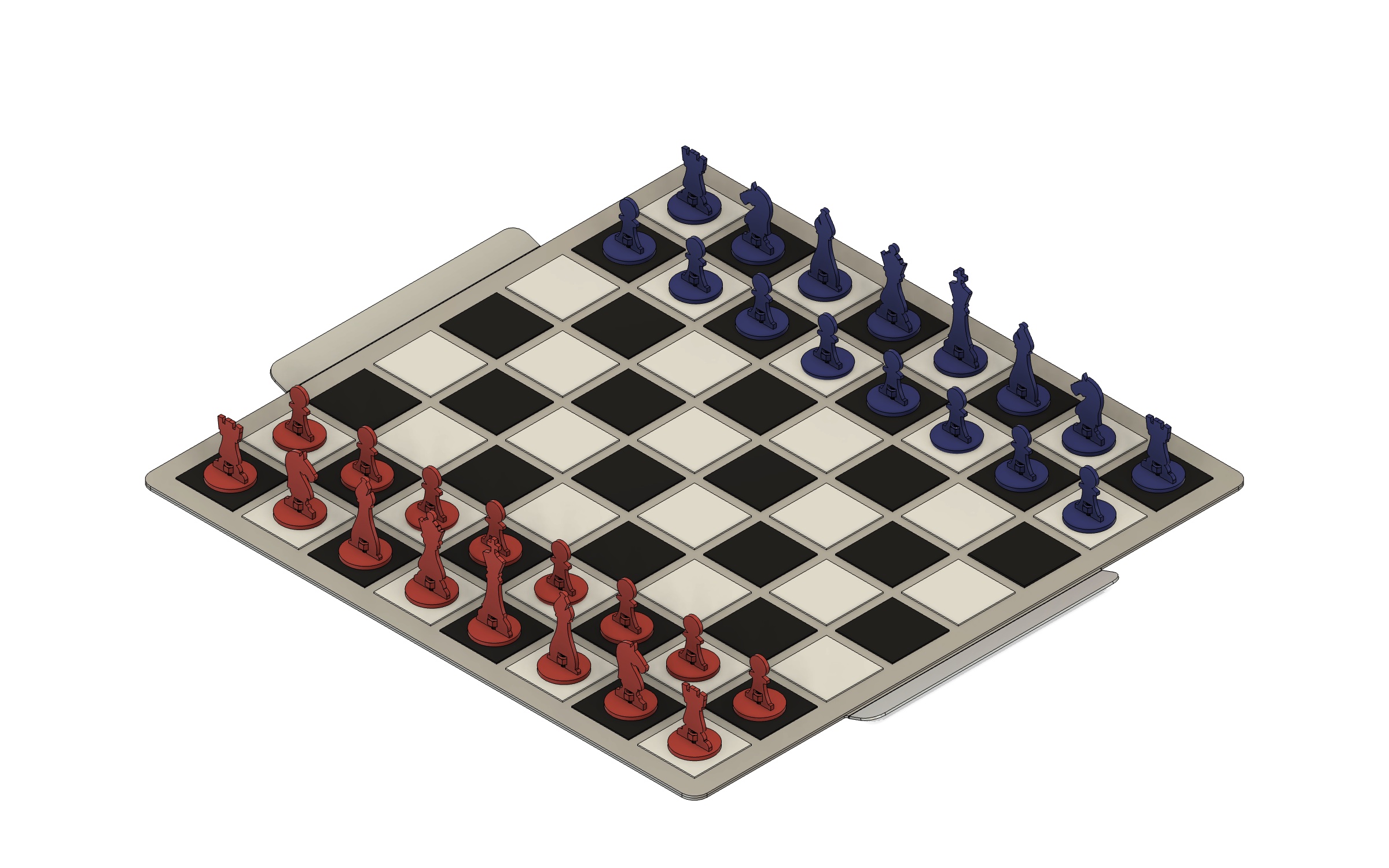 Isometric view of the chess board set up for a game, red pieces on one side and blue on the other