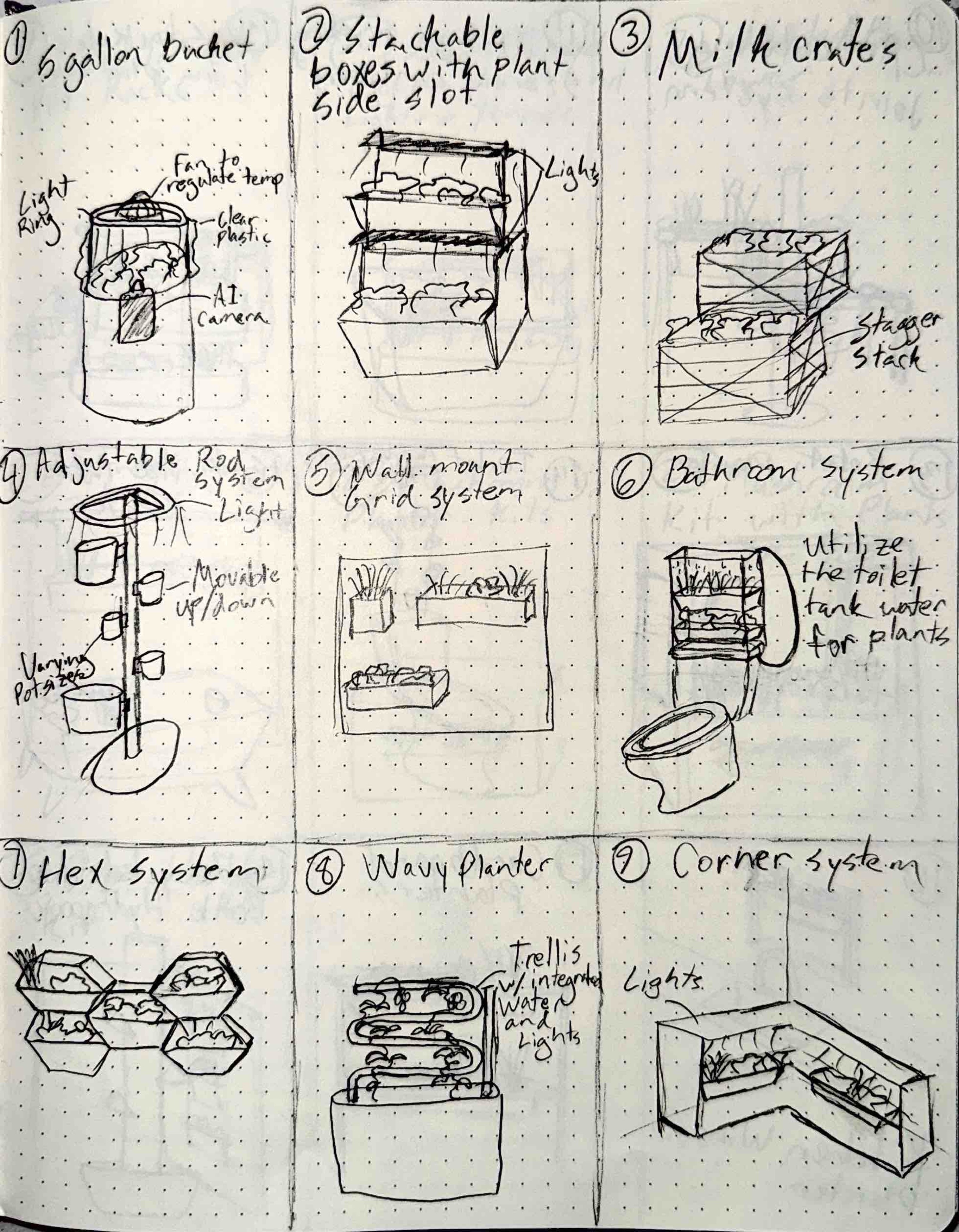 First page of concept sketches showing nine initial ideas including bucket planter, stackable boxes, milk crates, adjustable rod system, wall mount grid, and more