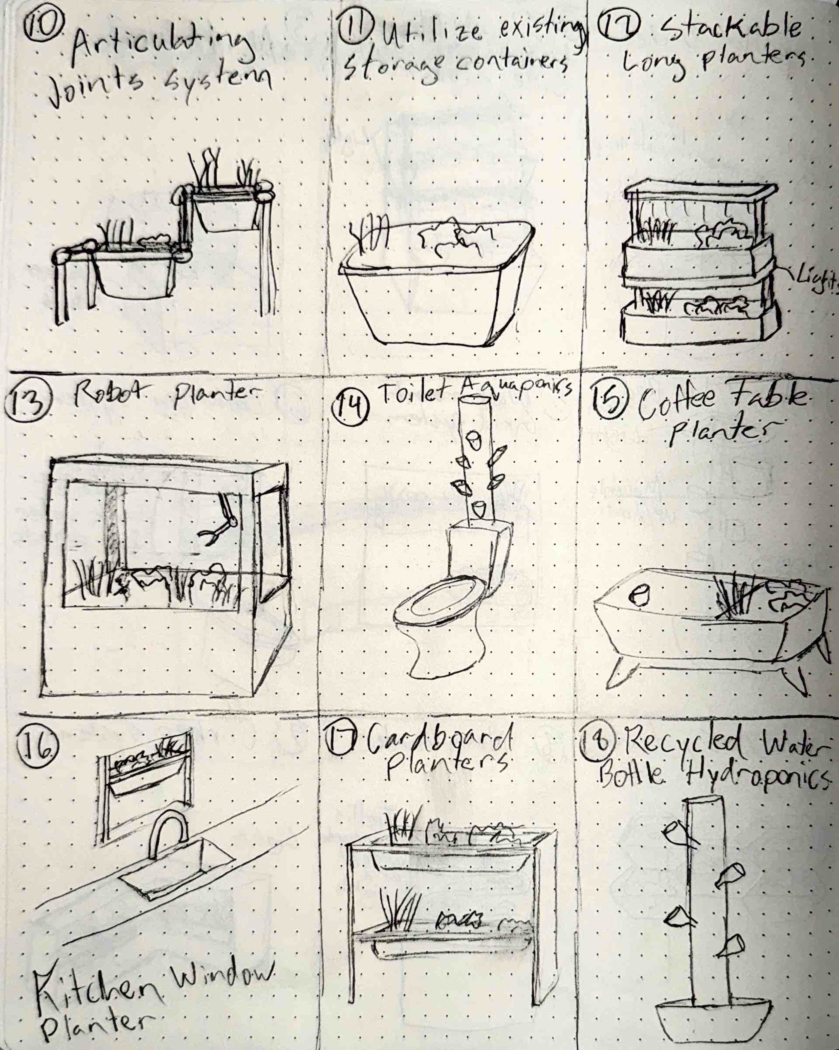 Second page of concept sketches showing ideas 10 through 18 including articulating joints, robot planter, toilet aquaponics, coffee table planter, and recycled bottle hydroponics
