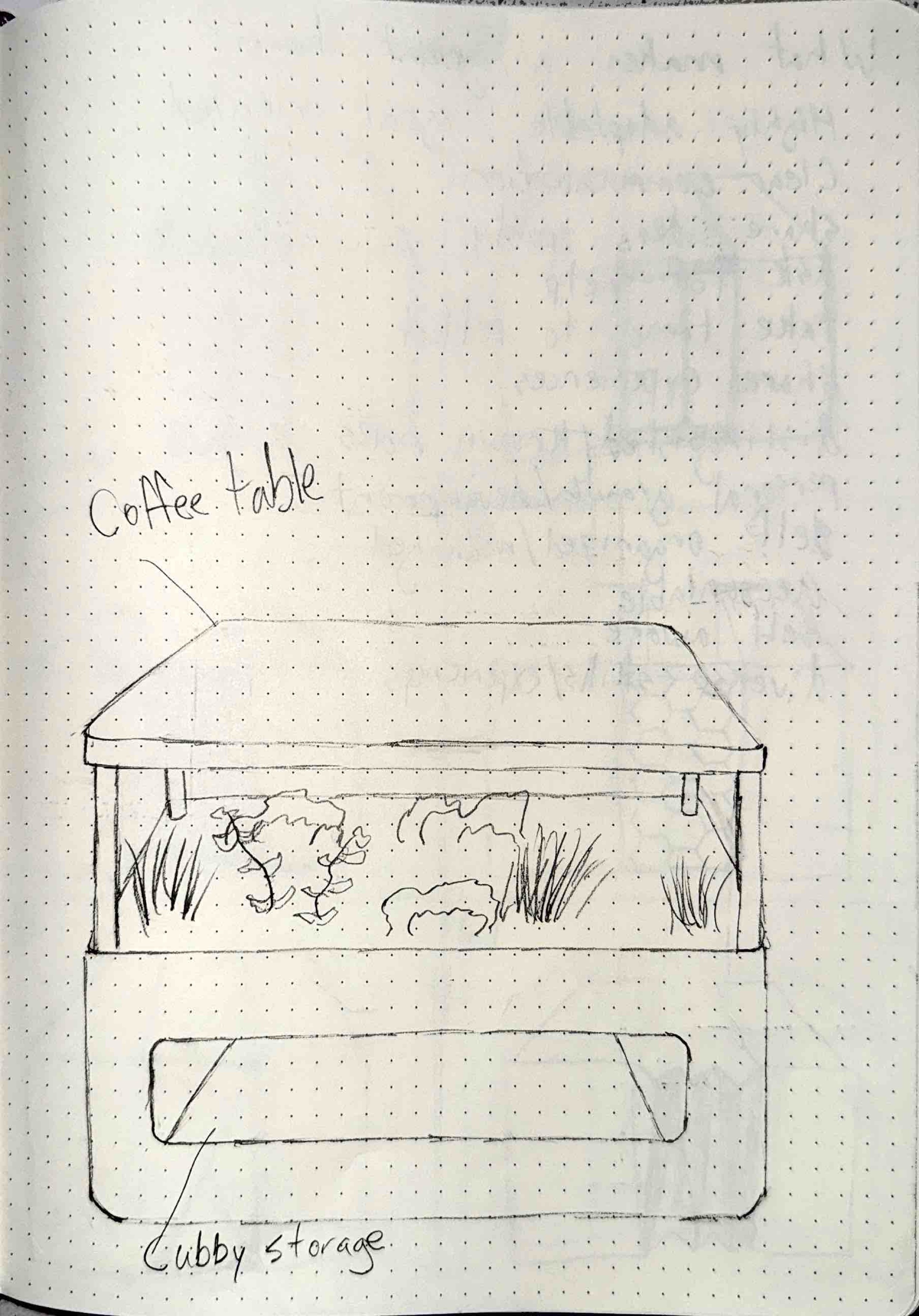 Sketch of a coffee table planter concept with transparent sides showing plants and cubby storage below