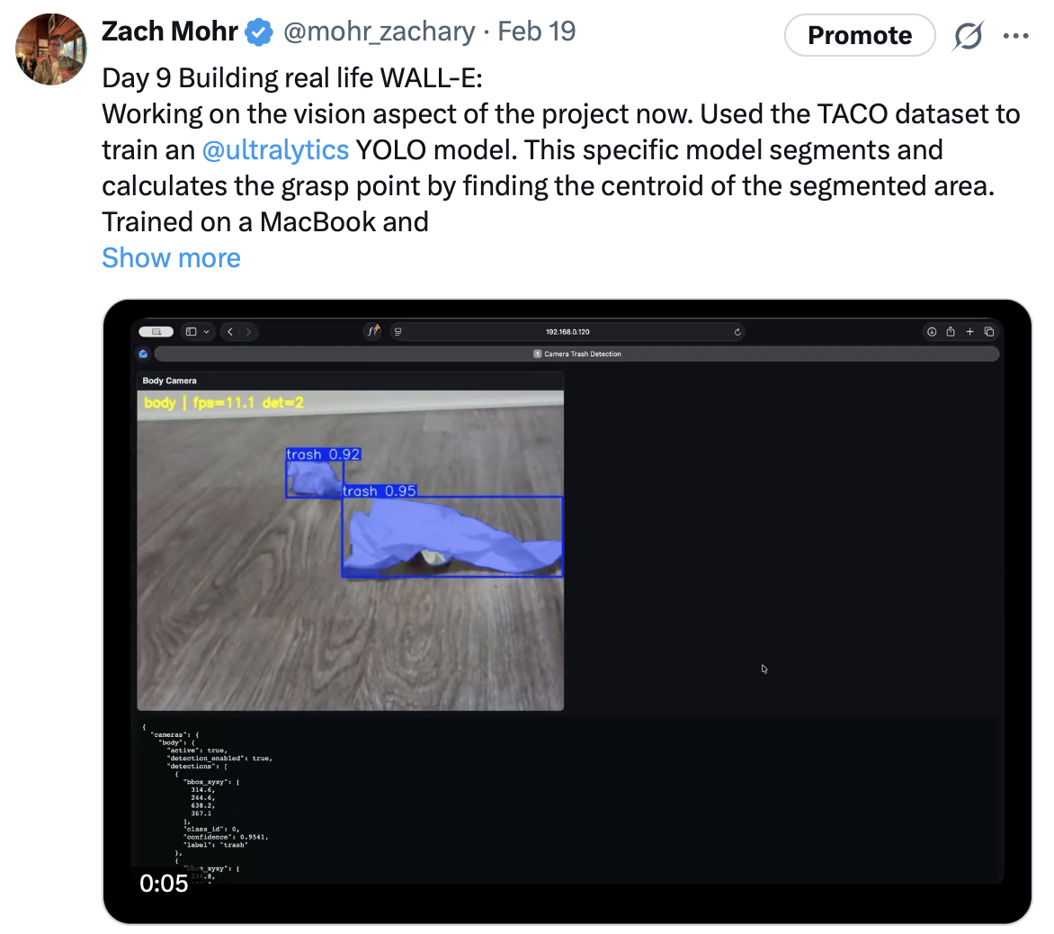 Day 9 post showing real-time trash segmentation and detection output