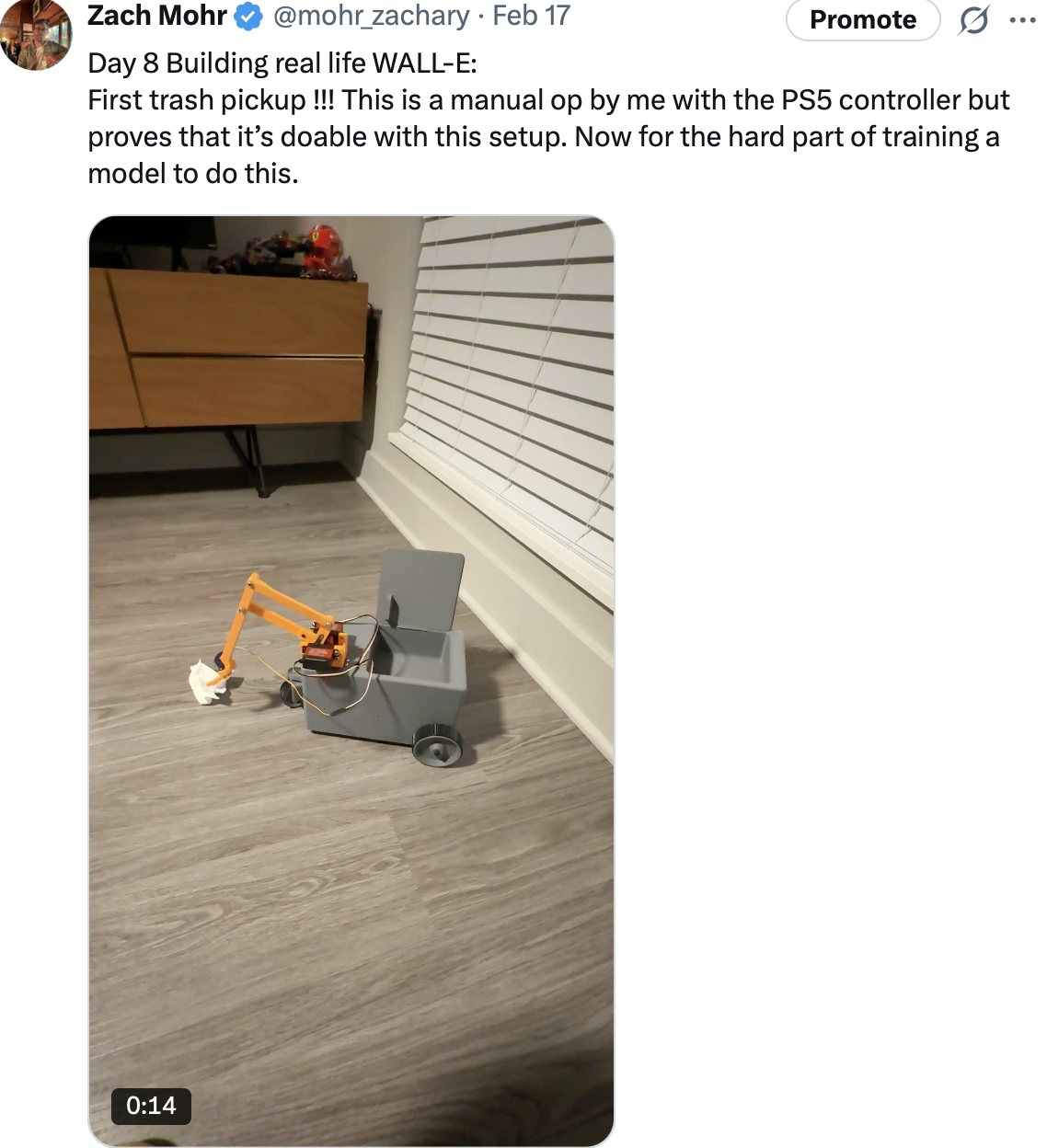 Day 8 post showing the robot completing its first manual trash pickup test