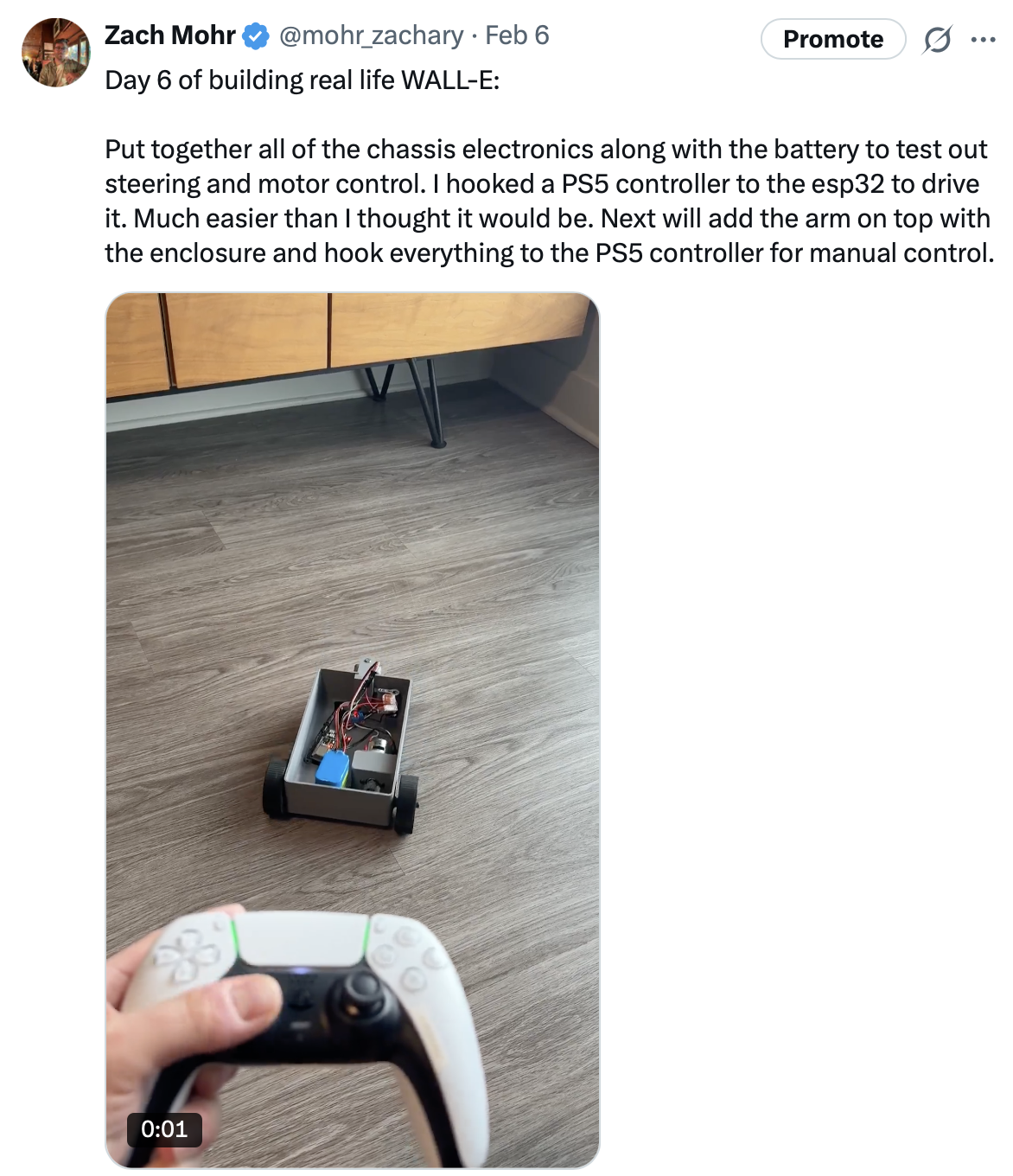 Day 6 post showing first chassis drive tests with PS5 controller