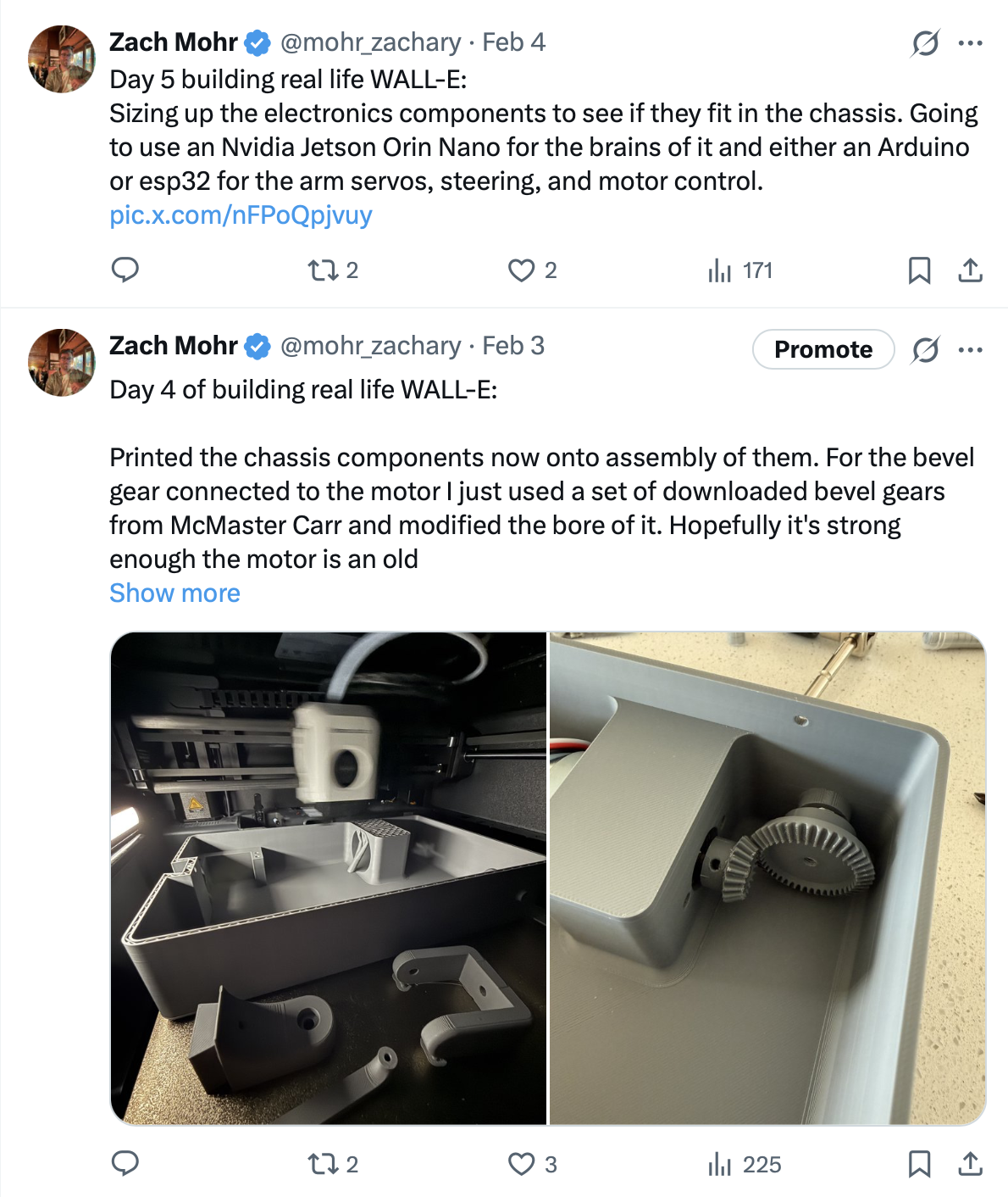 Combined Day 4 and Day 5 post showing printed chassis parts, bevel gears, and electronics planning