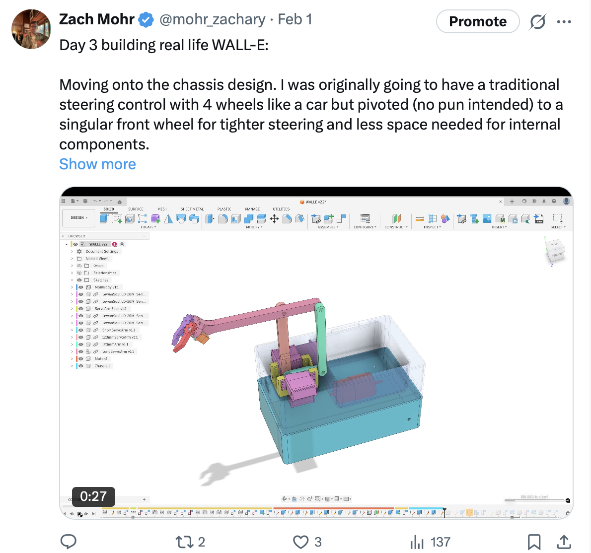 Day 3 post showing chassis CAD with revised steering architecture