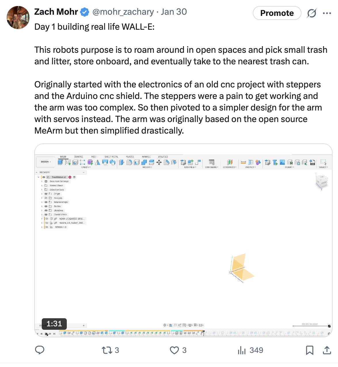 Day 1 post outlining project intent and early CAD baseline for the robot arm