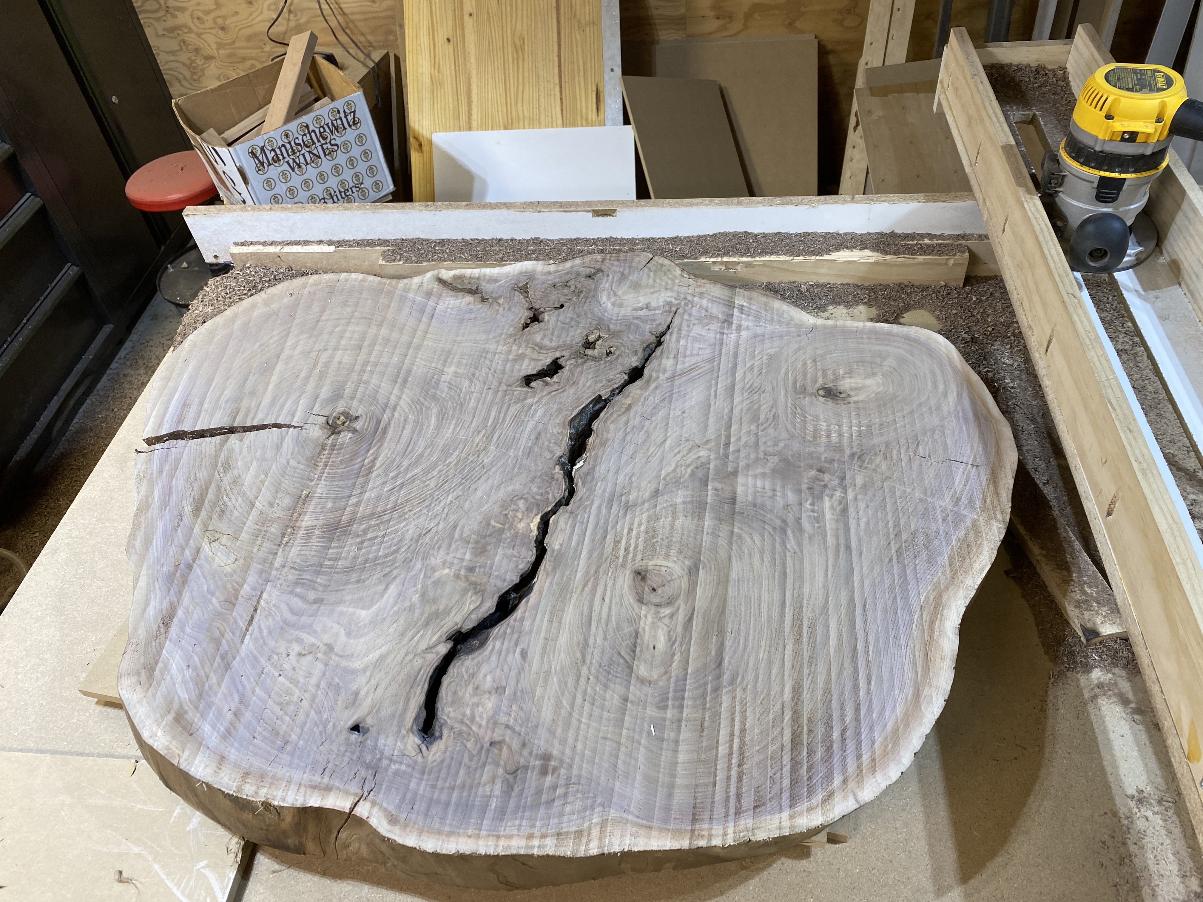 Raw walnut cookie slab on the custom router sled flattening jig in the workshop